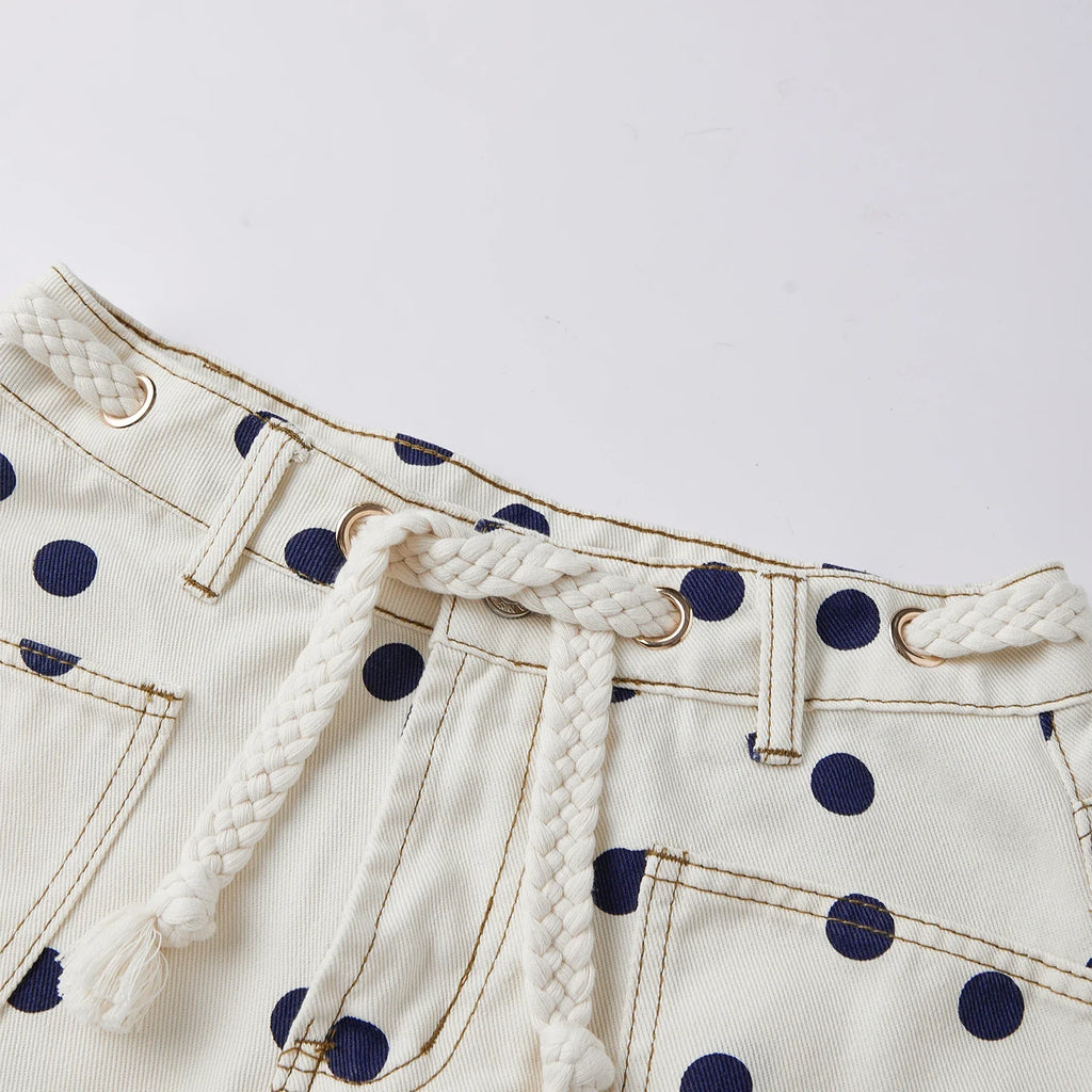 Women's Summer Denim Shorts with Pockets Casual Stylish Dot Print Mid Rise Tie-up Belted Wide Leg Jean Shorts