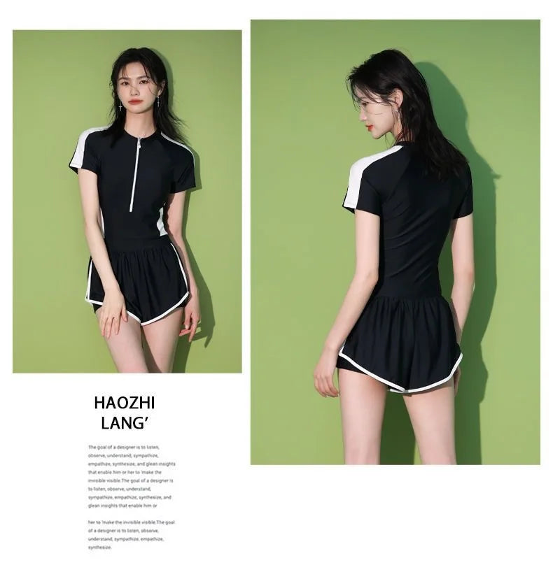 New Women's Swimsuit, One-piece Coverage Slimming Effect  Conservative Sports Style Hot Spring Flat Leg Pants Swimsuit Plus Size