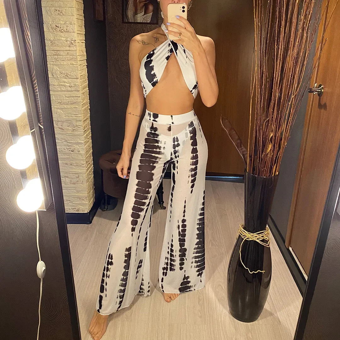 Halter Printed With Beach Pants Bikini Women Swimwear Female Swimsuit Three-pieces Bikini set Bather Bathing Suit Swim V3542