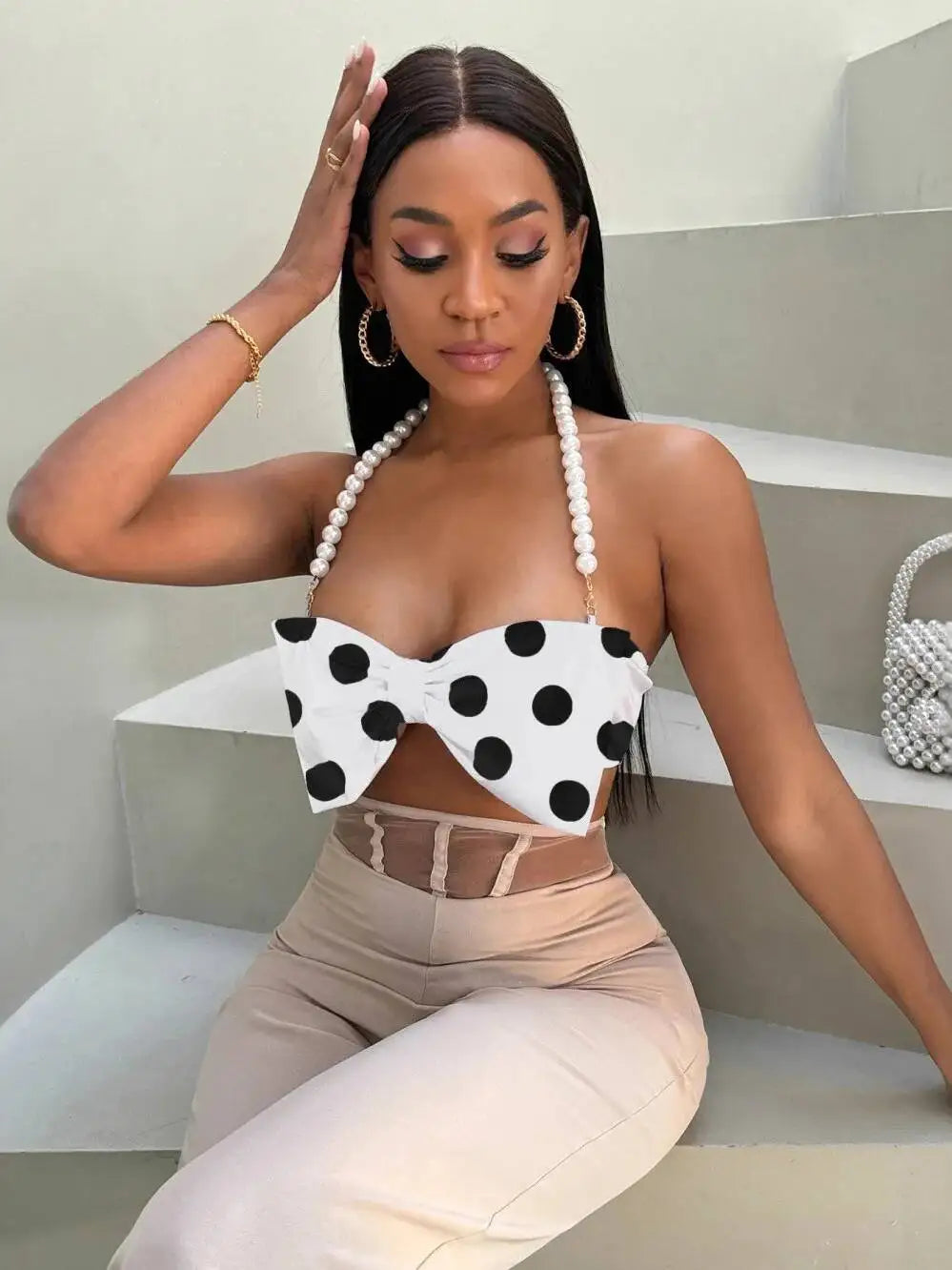 Women's Pure Desire Sexy Hot Girl Polka Dot Halter Pearl Bowknot Strap Vest Hanging Neck Pure Desire Casaul Style Vest IFQ9