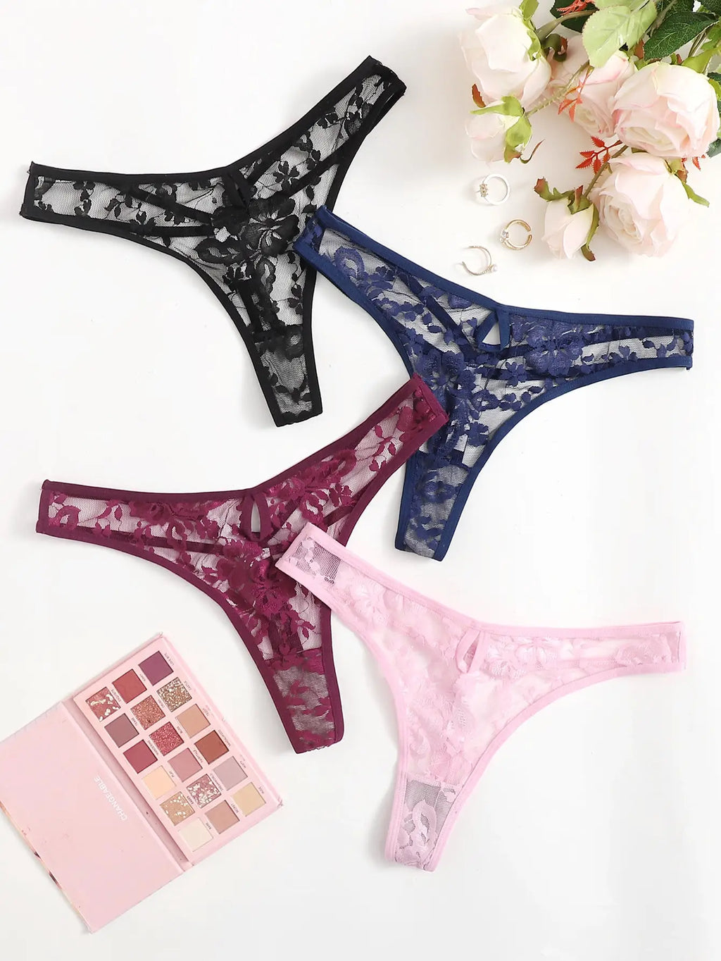 Sexy Hollow Out Thong Woman Colorful Lace Panties Pink Wine Red Black Blue 4 Pieces C864