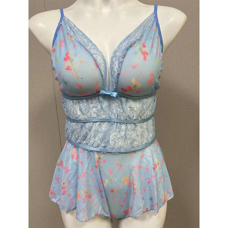 Sexy Crotchless Lingerie Women Lace Hollow Bodysuit Exotic Pajamas Teddy Babydoll Dress Deep V Open Bra Porno Underwear Set