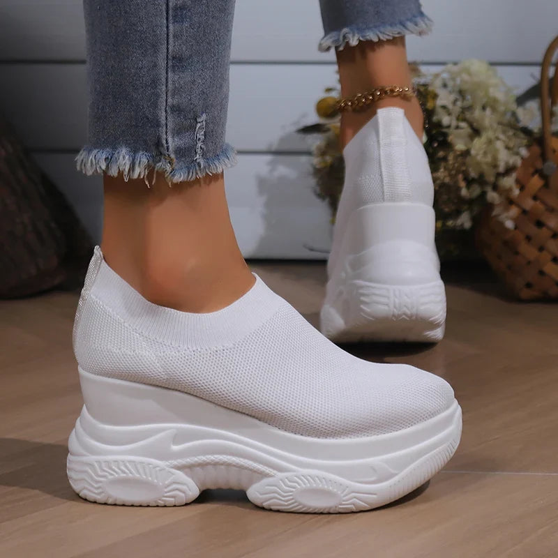 Black White Chunky Platform Knitted Sneakers Women Slip On Thick Bottom Vulcanizd Shoes Woman Breathable Mesh Walking Shoes