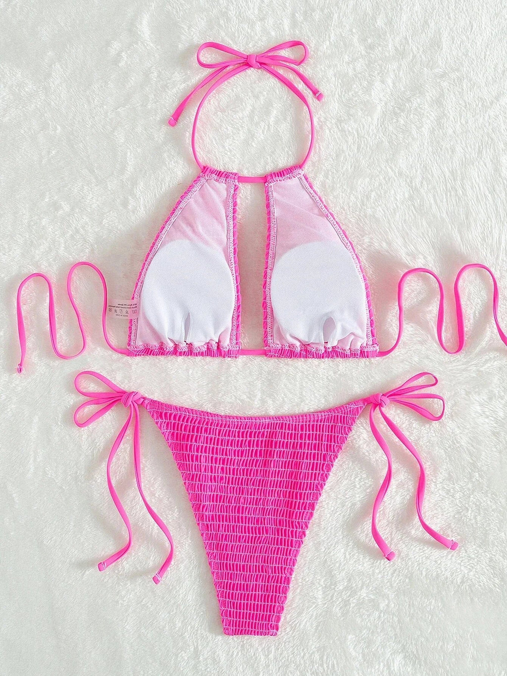 2025 Halter Tie Side Hollow Out Smocked Bikini Women Swimsuit Female Swimwear Two Pieces Bikini Set Swim Bathing Suit Beach Wear