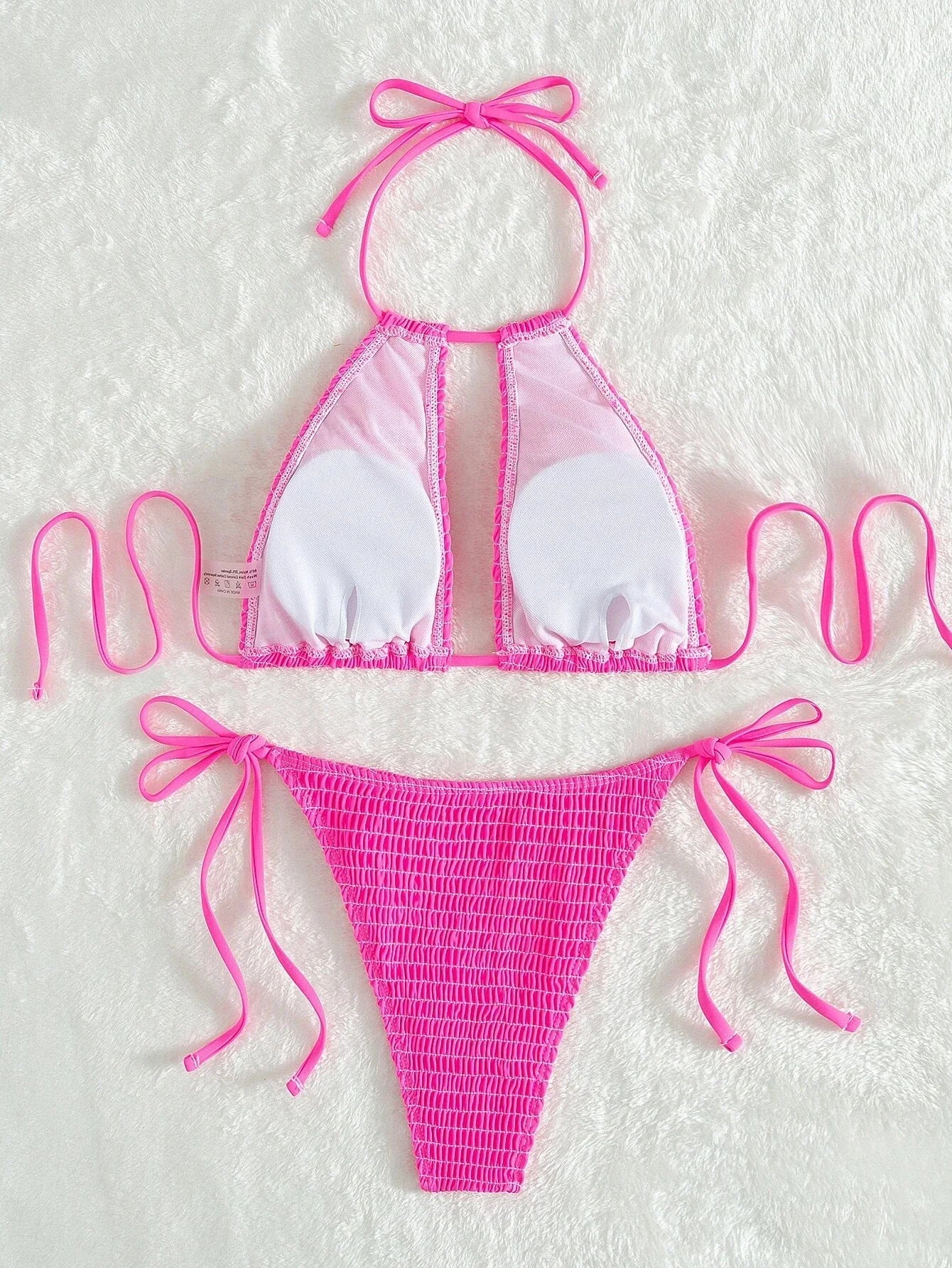 2025 Halter Tie Side Hollow Out Smocked Bikini Women Swimsuit Female Swimwear Two Pieces Bikini Set Swim Bathing Suit Beach Wear
