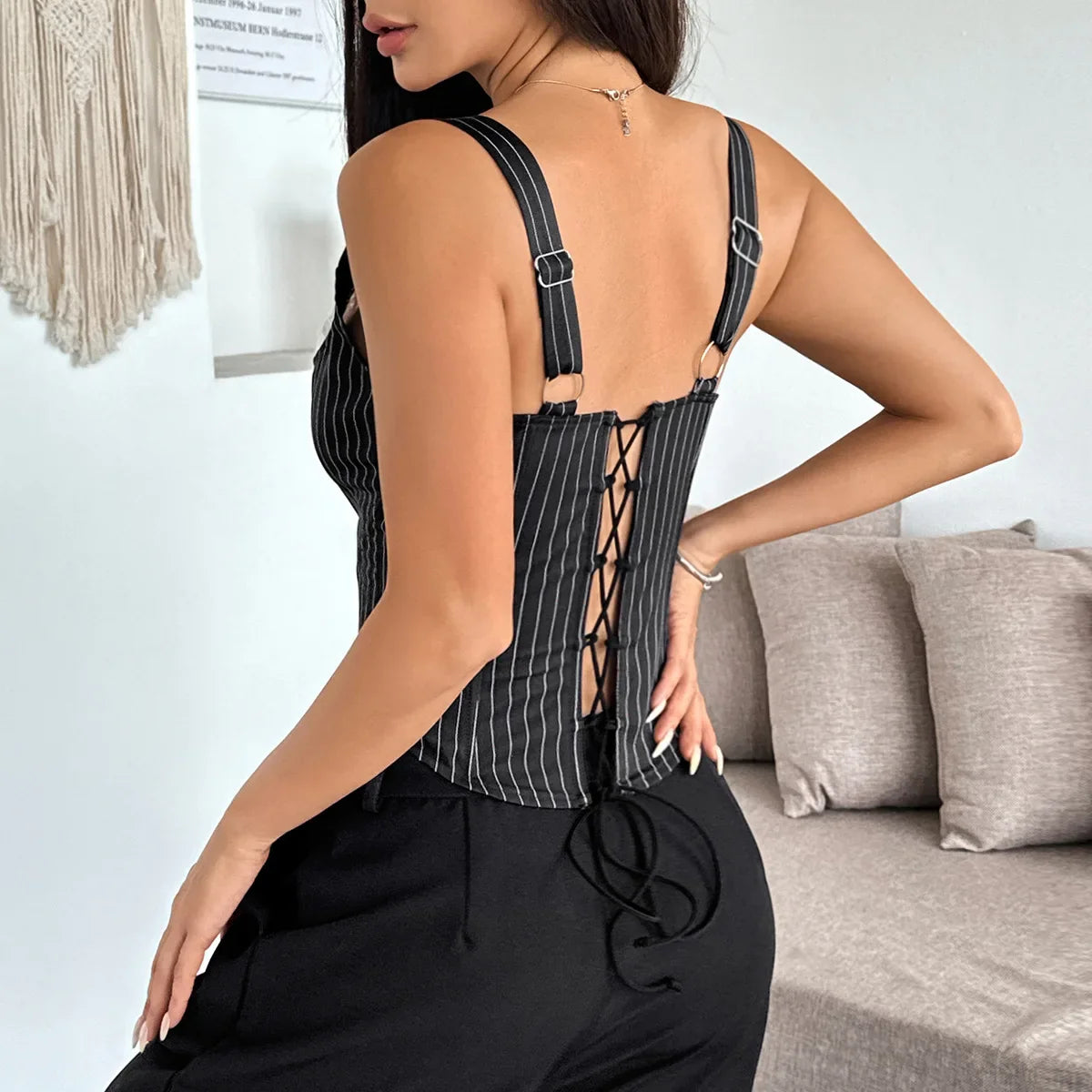 Sexy Tube Top Women Fashion Black Striped Patchwork Bandage Ruffles Slim Fit Fishbone Corset Camisole Sleeveless Club Party Tops