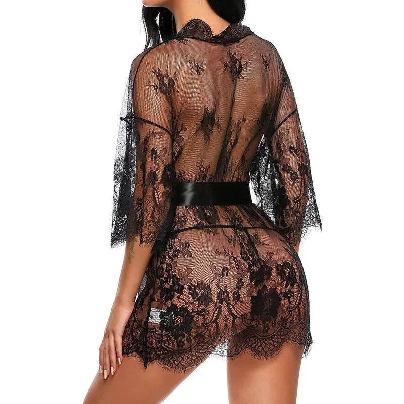 Women Sexy Lingerie Erotic Transparent V-Neck Nightwear Babydoll Robe G-string Costume Kimono Robe Lace Sleepwear Dress