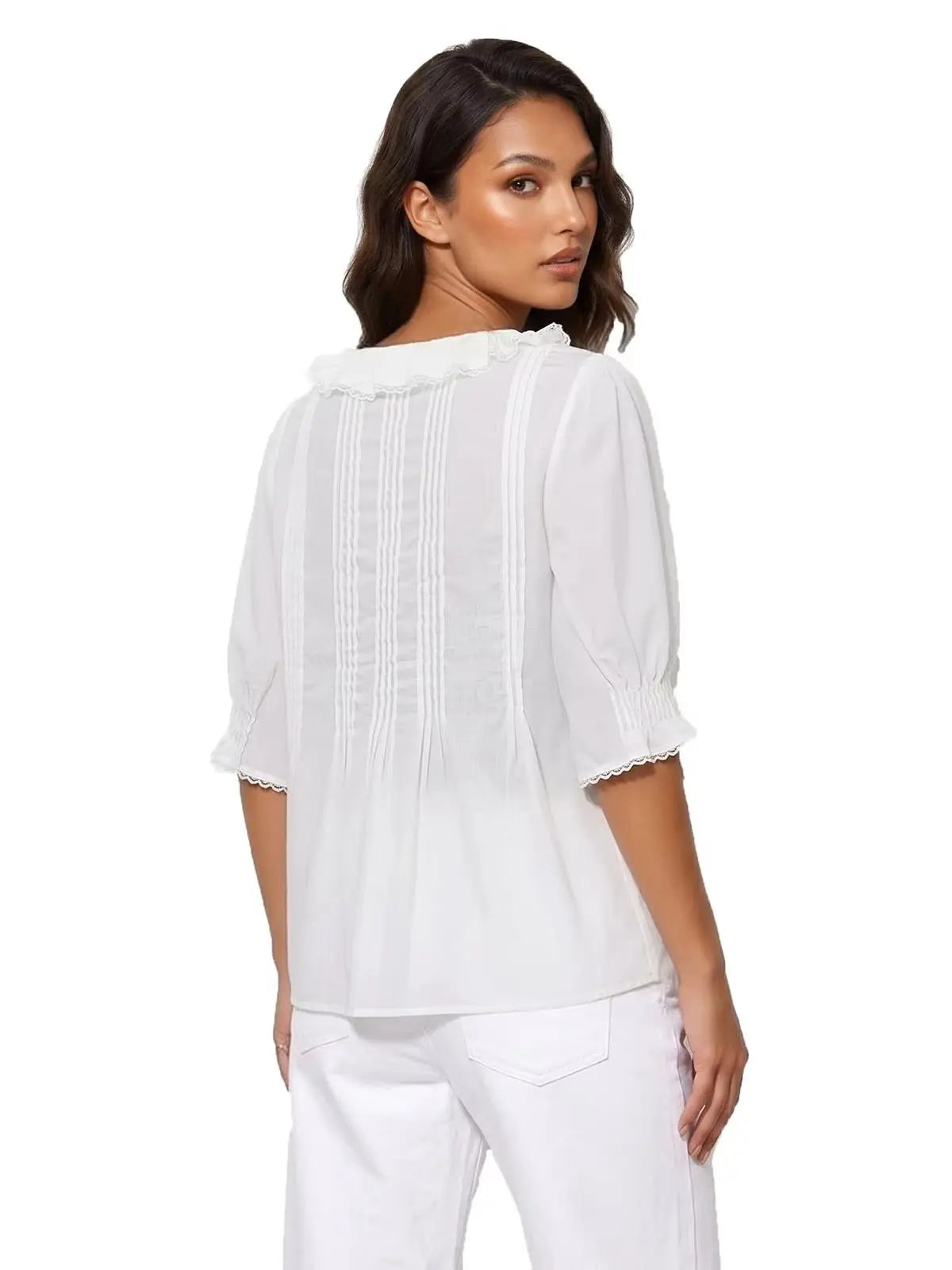 Women's Summer Blouse Solid Color Ruffle Flounce V Neck Short Sleeve Button Down Tops Casual Loose Shirts