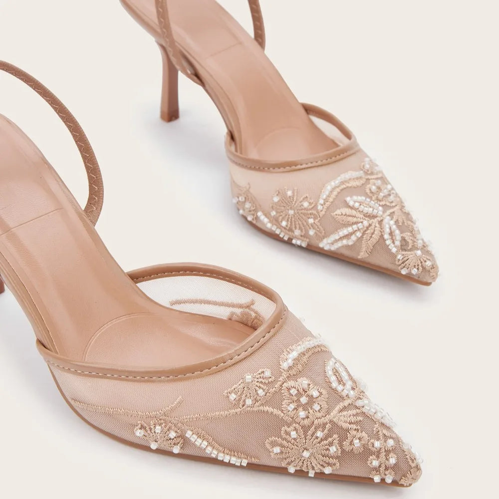 Brand Lace Designer White Women Wedding Pumps Mesh Embroidered Flowers Back Strap Sexy Slingback High Heels Dress Shoes Ladies