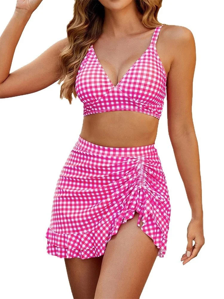 Vintage Black Plaid Drawstring Side Skirt 3 Piece Bikini Set 2026 Swimwear Women V Neck Push Up High Waist Swimsuit Beachwear