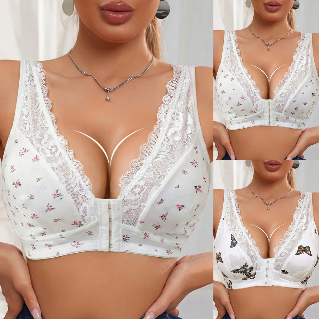 Women Lace Trim Butterfly Print Front Closure Wireless Bralette Comfortable Breathable Brassiere Plus Size Padded Push Up Bras