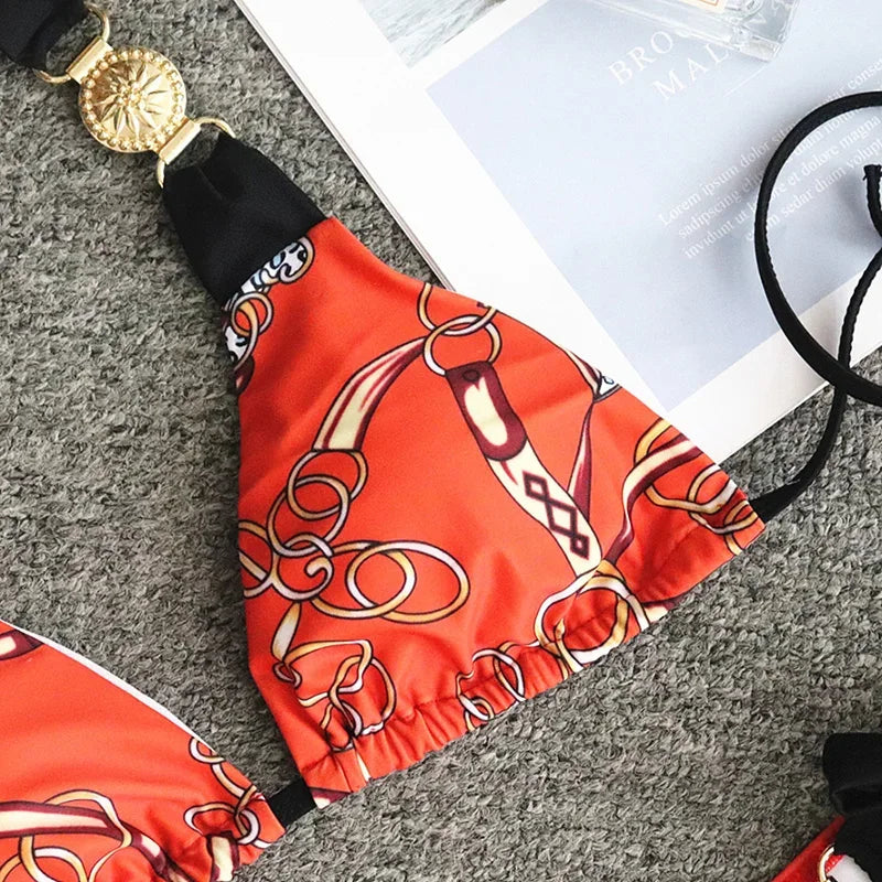 New Print Metal Halter Bikini 2025 Women Swimsuit Female Swimwear Two-pieces Bikini set Brazilian Bather Push Up Bathing Suit