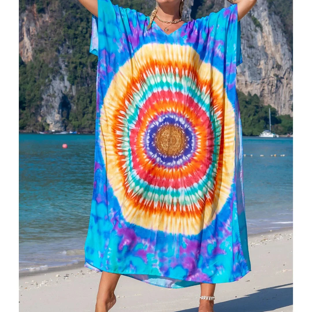 2026 New Colorful Kaftan Tunic Beach Dress Beach Wear Beachwear Beach Cover Up Cover-upsLoose Maxi Dress Female Women V4428