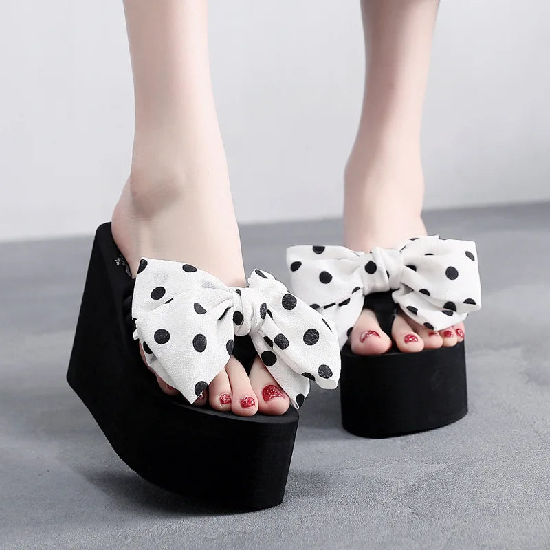 Summer Slippers Women Wedges Sandals Super High Heels Ladies Fashion Flip Flops Cute Bowknot Female Party Shoes Plus Size Slides