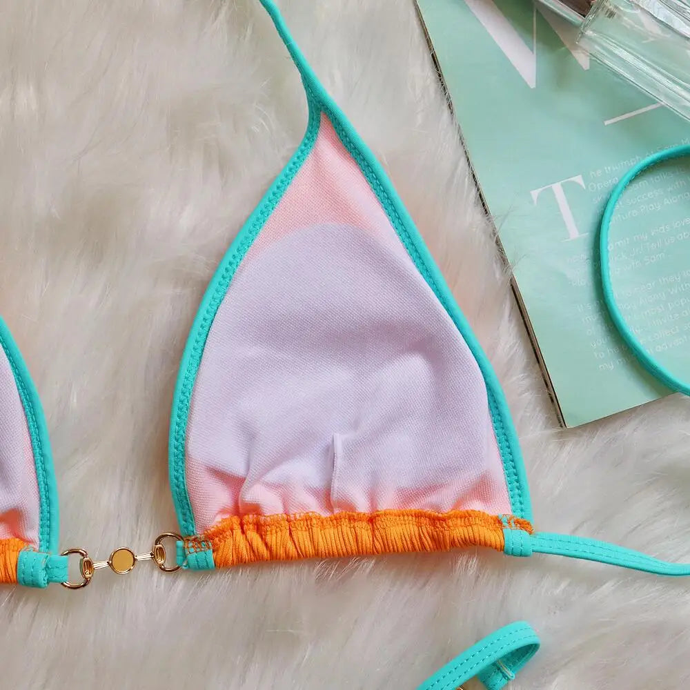 Sexy Halter Pearl Extreme Mini Micro Bikini Female Swimsuit Women Swimwear Two-pieces Bikini set Ribbed Bather Bathing Suit Swim