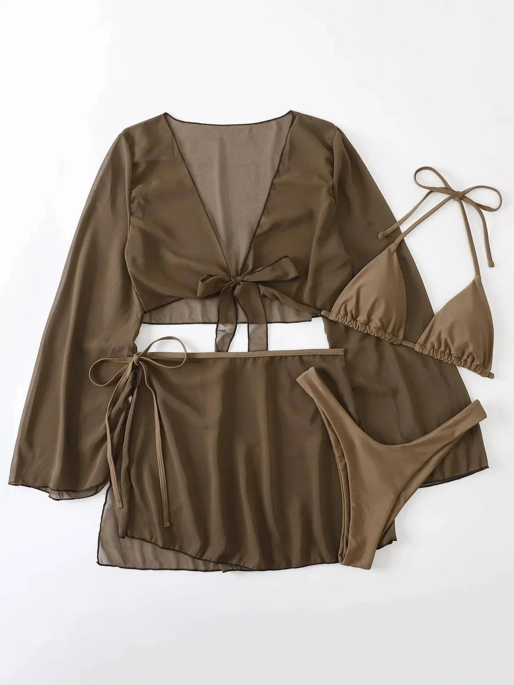 4PCS with Mesh Sarong Cover Up Long Sleeve Bikini Female Swimsuit Women Swimwear Four-pieces Bikini Bathing Suit Swim Beachwear