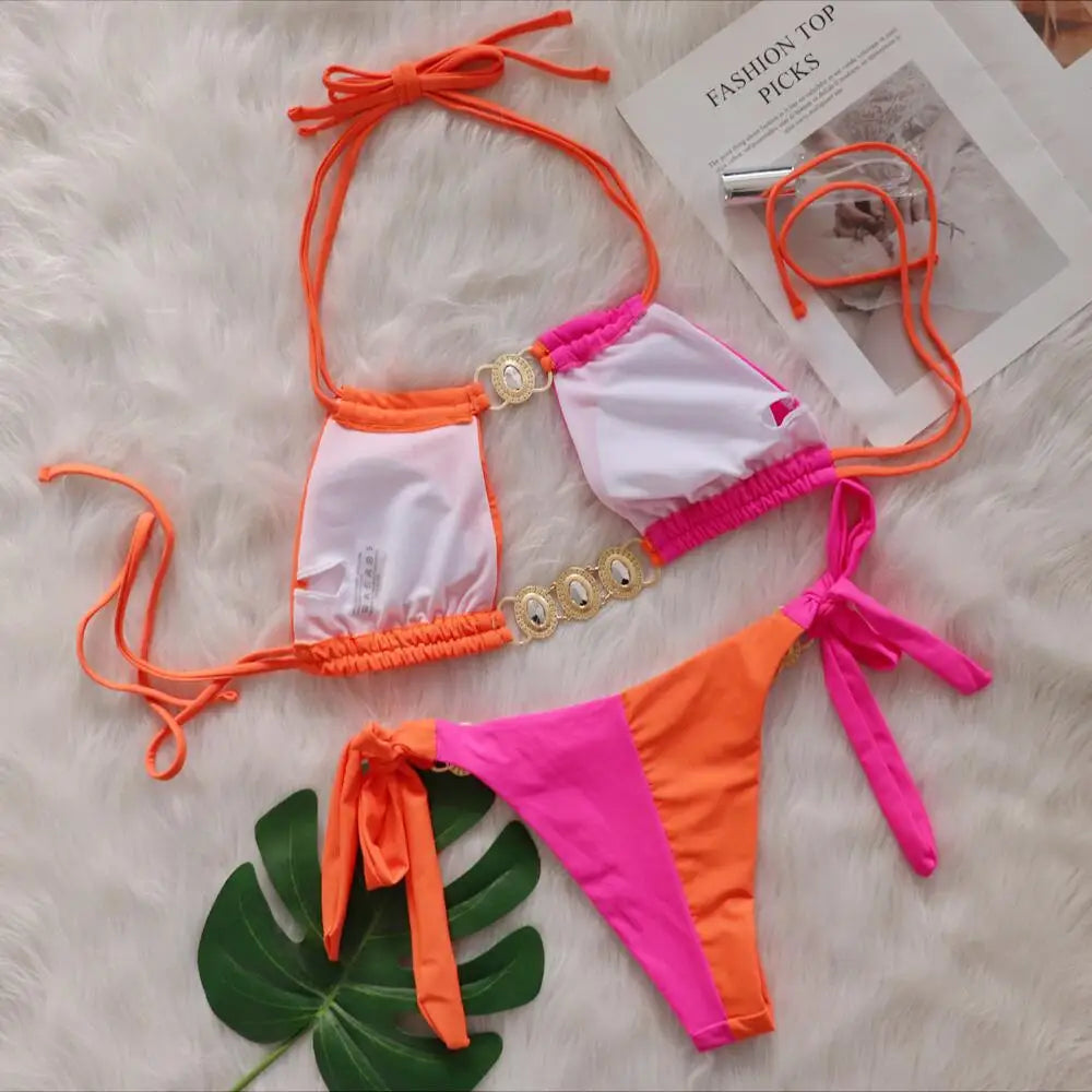 Splicing Jewelled Diamond Bikini Women Halter Swimsuit female Thong Swimwear Two Pieces Bikini Set Hollow out Bathing Suit Swim