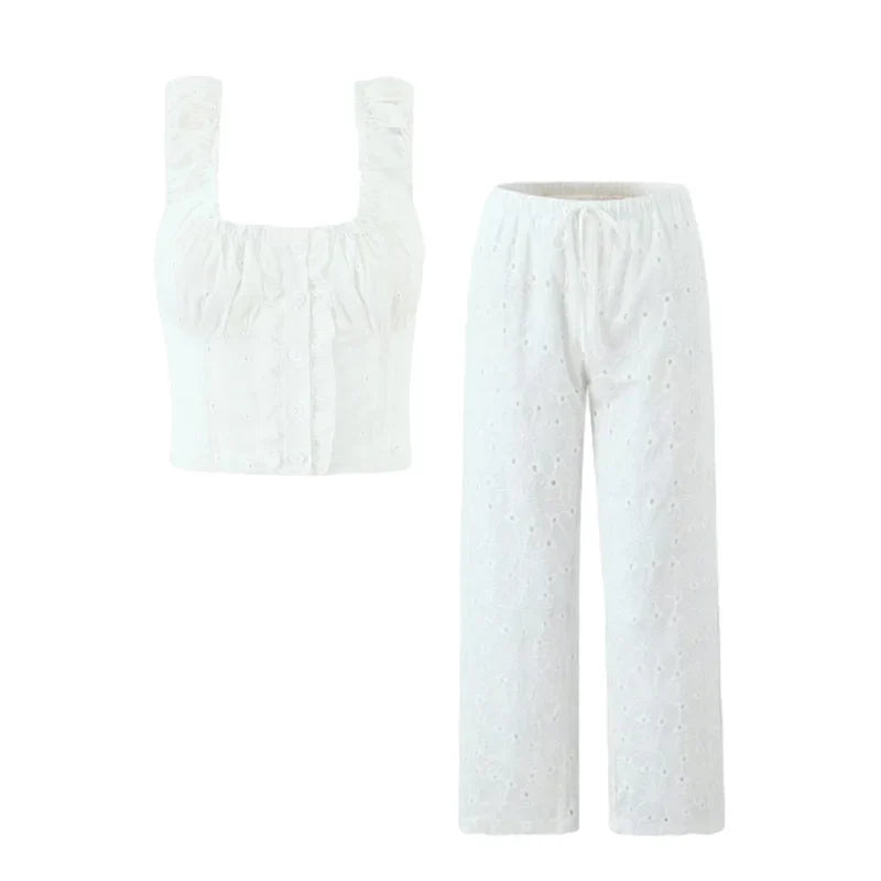 Foridol Hollow Out Cotton Women's 2 Pieces Set White Summer Pants Set Embroidery Top Pants Suit Matching Set Beach Casual Pants