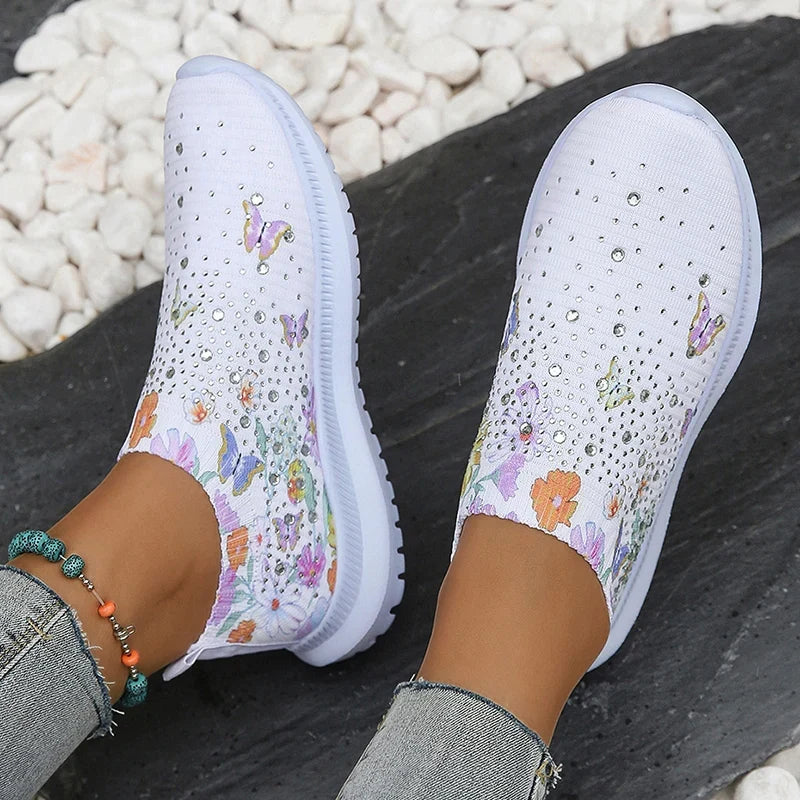 2025 Fashion Crystal Platform Sneakers Women Plus Size Slip On Flowers Printed Flats Woman Breathable Soft Sole Wakling Shoes