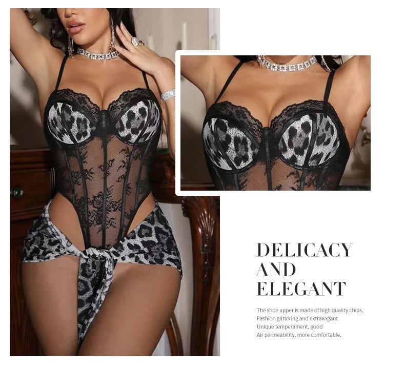 Leopard print sexy nightgown with underwire push-up jumpsuit and apron set | Free Pajamas w/ Purchase
