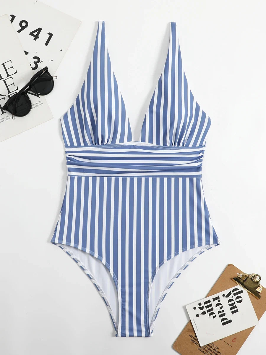 2026 Striped One Piece Swimsuit Vintage Swimwear Women V-neck Bathing Swimming Suit Female Summer Beachwear Bodysuit