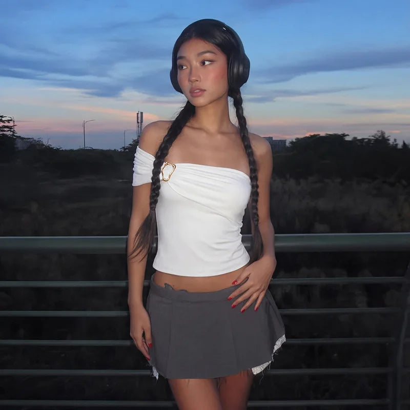 FDYOUI 2026 Woman Off Shoulder Irregular Tank Tops Elegant Sexy Sleeveless Slim T-shirt Ladies Backless Crop Top Y2K Streetwear