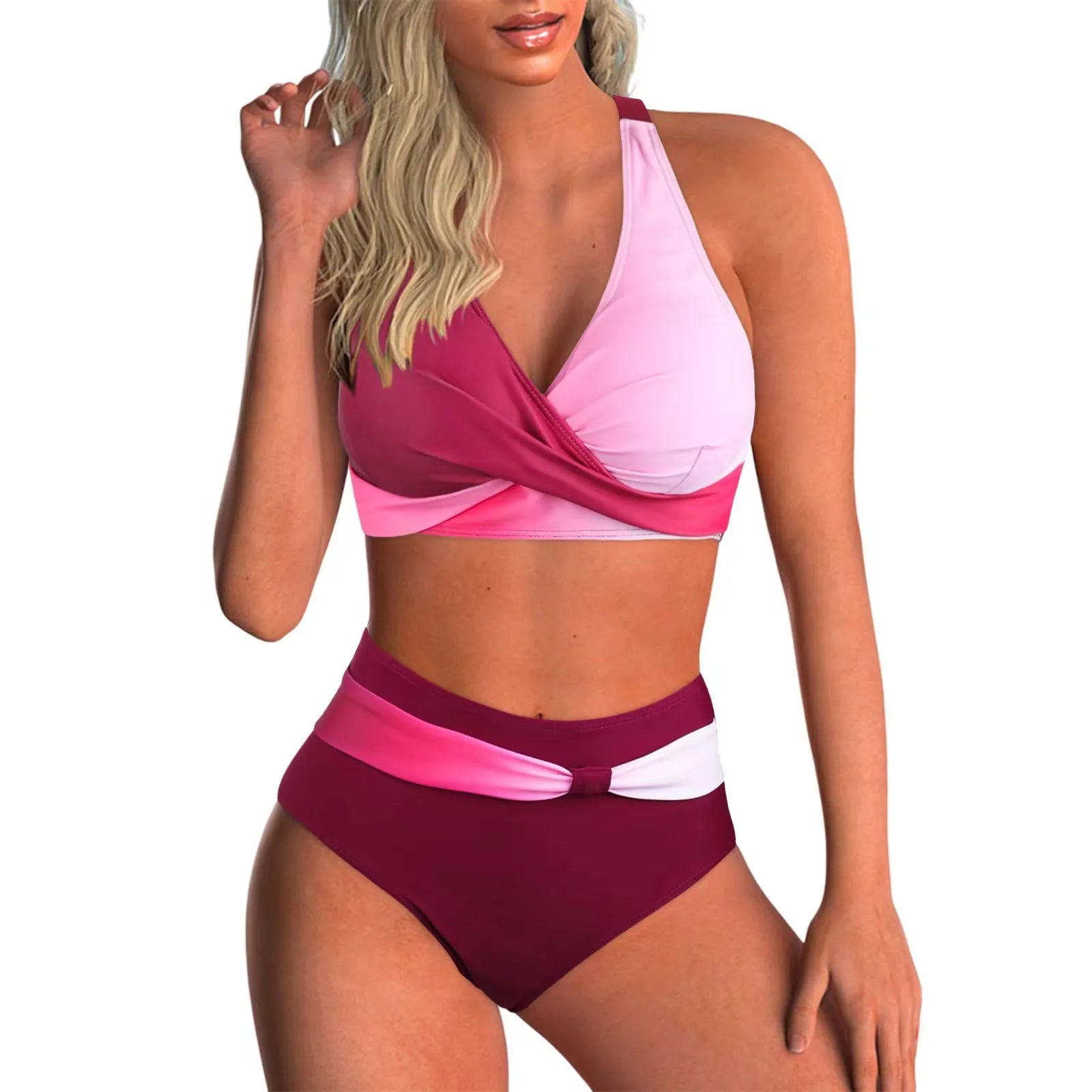 Vintage Hot Pink Gradient Tankini Set 2026 Women Bikini Cross Push Up High Waist Swimsuit Beach Bathing Suit Two Piece Swimwear