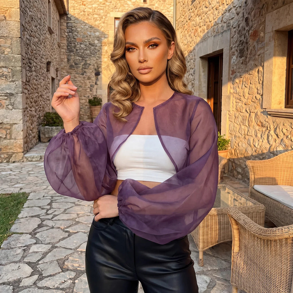 Women Chiffon Cropped Shrugs Fashion Stylish Sheer Open Front Balloon Long Sleeve Cardigan Blouse Shirts Bolero Cover-ups