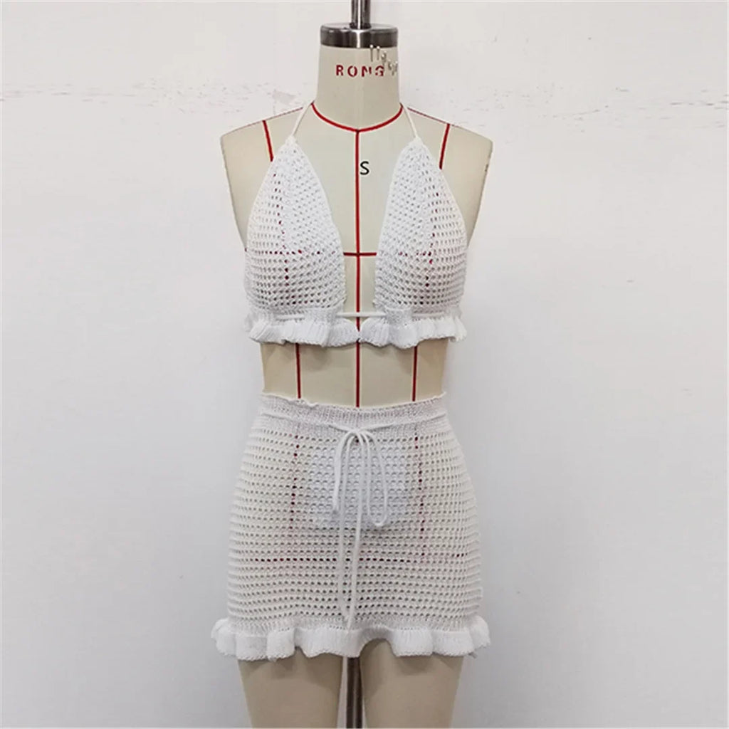 Sexy Halter Hollow Out Beach Skirt Bikini Female Swimsuit Women Swimwear Two-pieces Bikini set Bather Bathing Suit Swim K6782