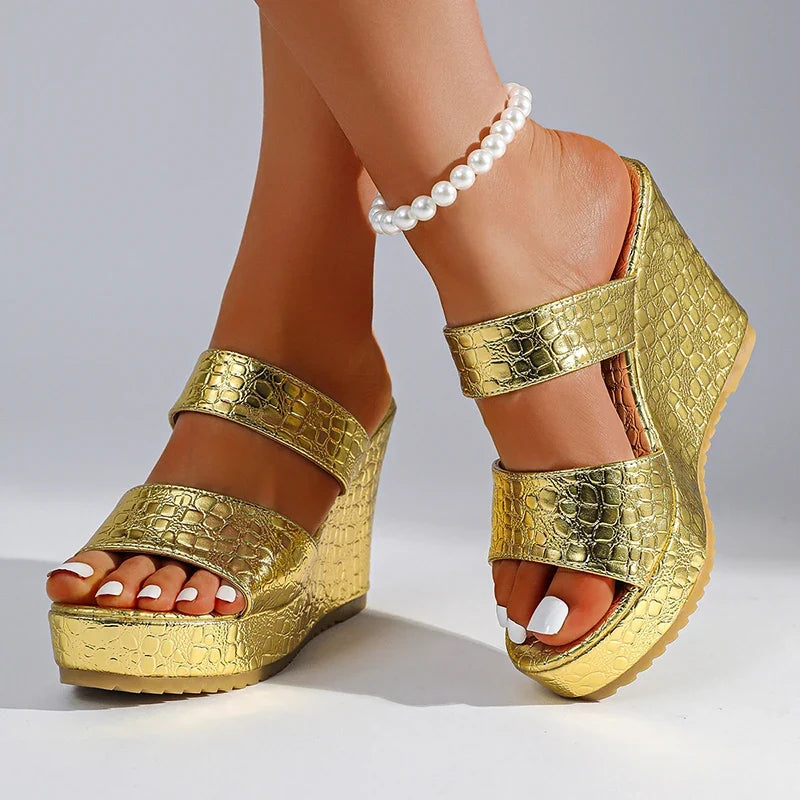 Chunky Wedges Gold Sandals Women Plus Size 42 High Heel Platform Slippers Woman Snake Pattern Pu Leather Summer Sandles Female