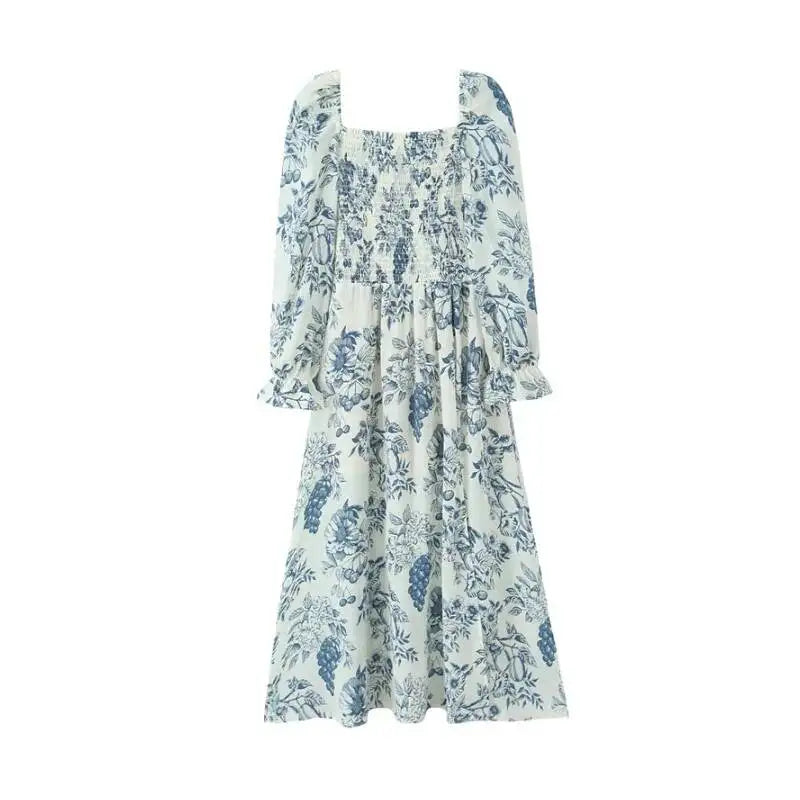 French Casual Style Square-neck Slim-fit Dress Feminine With Side Slit Three-quarter Sleeves Waist Cinching Printed Holiday THF3