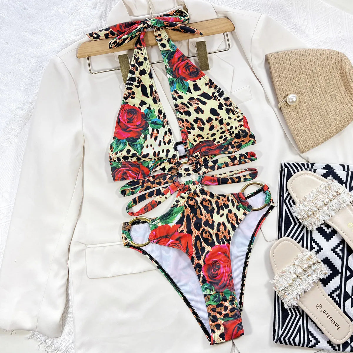 Sexy One Piece Swimsuit Swimwear Women Leopard Hollow Deep V-neck Halter Bathing Suit Beachwear Big Metal Ring Bikini 2026 Mujer