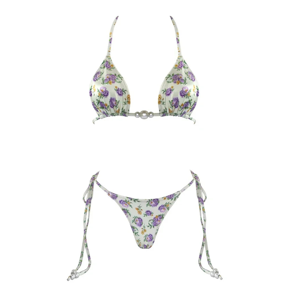 Micro Bikini 2025 Swimwear Women Swimsuit Sexy luxury Brazilian Bikini Set Halter Print Biquini Push Up Pearl Beachwear Female