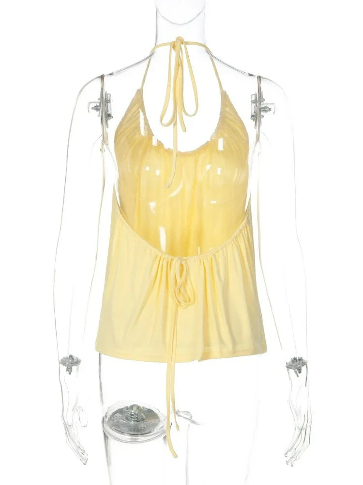 FDYOUI Woman Clothing Halter Neck Backless Camisoles Streetwear 2026 Summer Girls Sexy Lace-up Off Shoulder Yellow Tank Tops