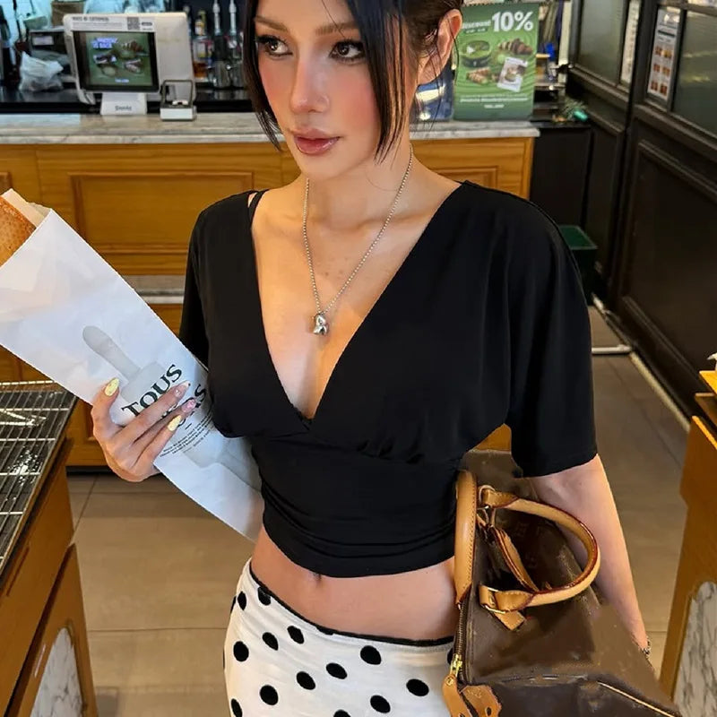 FDYOUI Woman Clothes V-neck Half Sleeve Cropped T-shirts Fashion Lace-up Backless Solid Corset Tops Y2K Streetwear Lady T Shirt