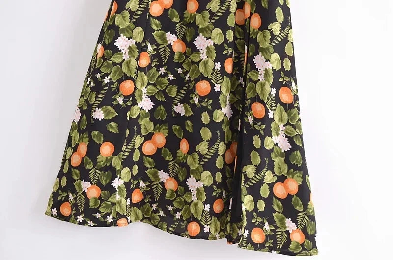 French Style Vintage Lemon Leaf Printed Green Dress Sexy Slip Midi Sleeveless Tank Dress Chiffon Women Holiday Elegant Dress