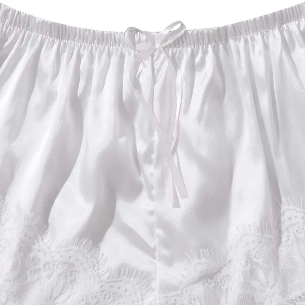 4PCS Women's Long Pajamas Set White Lace Satin Silk Night Lingerie Tops And Shorts Casual Sleepwear Loose Wedding Home Gown
