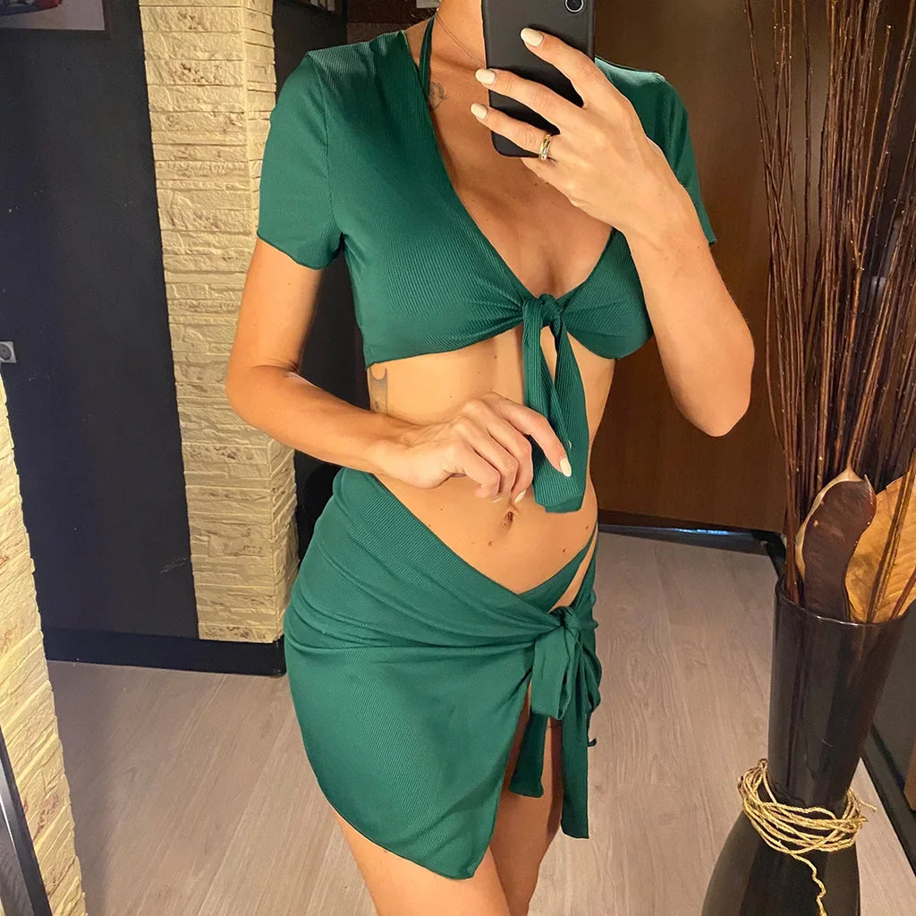 XS - L Ribbed Halter Bikini Women Swimwear Female Swimsuit Four-pieces Bikini set With Sarong Bather Bathing Suit Swim V3152B