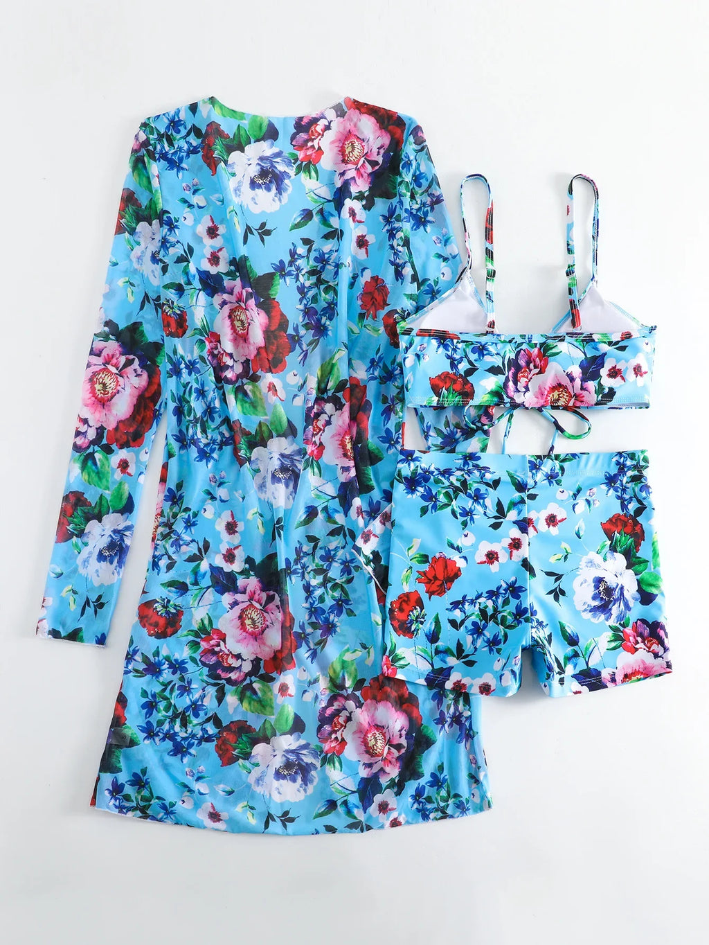 New Sexy 3 Pieces Suit for Women Neck Hanging Bikini Set+Cover-up Swimwear Sunproof Tankini High Waist Shorts Swimsuit Beachwear