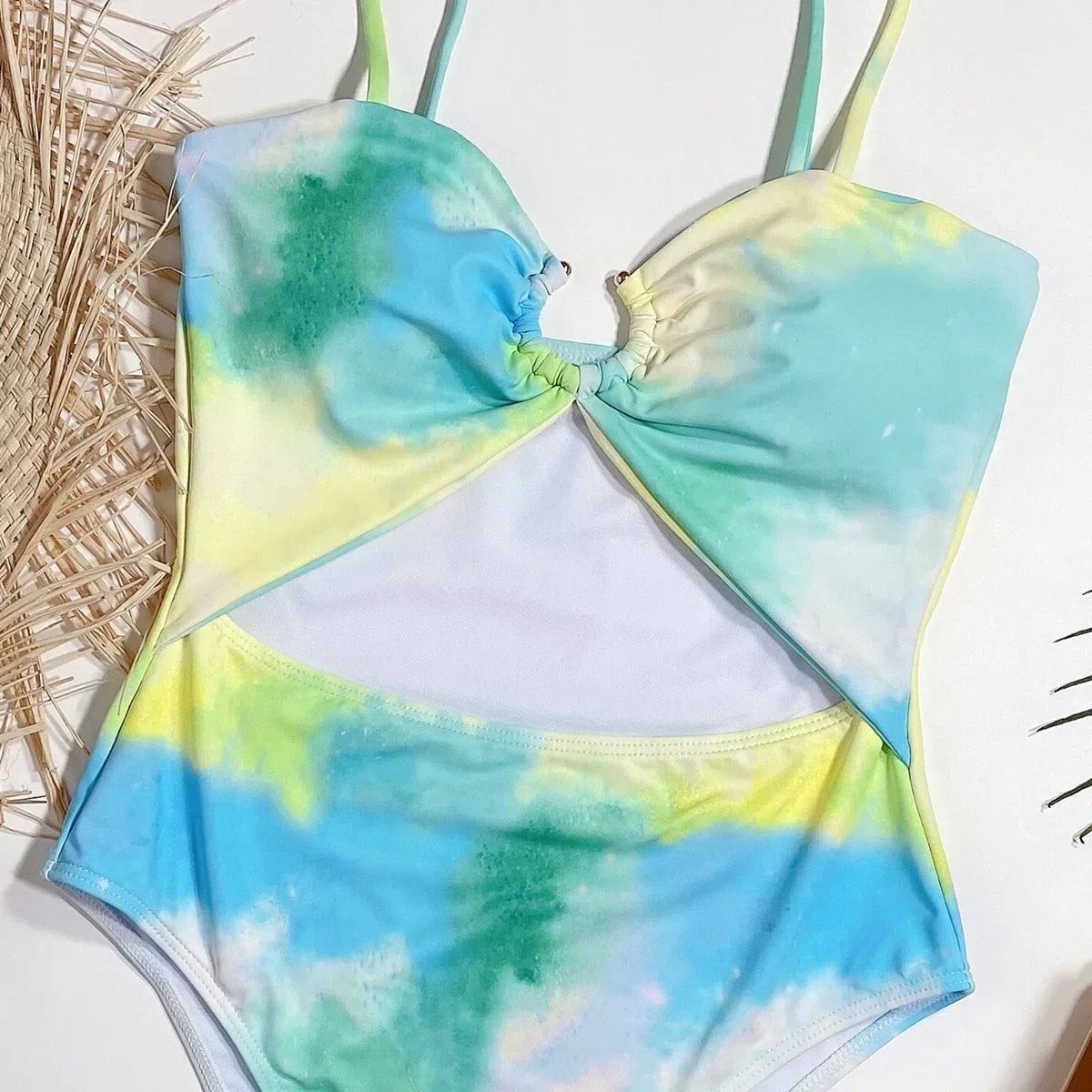 2026 New Sexy One Piece Swimsuit Swimwear Women Tie Dye Hollow One-piece Bathing Suit Beachwear Metal Hoop Maillot De Bain Femme