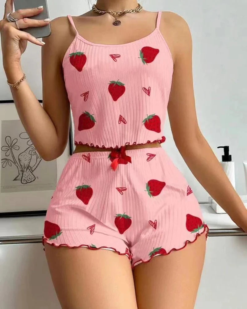 Soft Strawberry Print Pajama Set Frill Trim Slip Cami Top And Bow Decor Shorts Loose Cute Style Fit Women's Sleepwear Nightwear