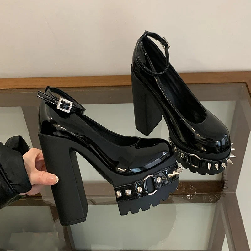Punk Style Black Rivet Buckle High Heels Women's Trendy Gothic Sizes 36-43 Waterproof Platform Belt Buckle Thick Heel Nude Shoes