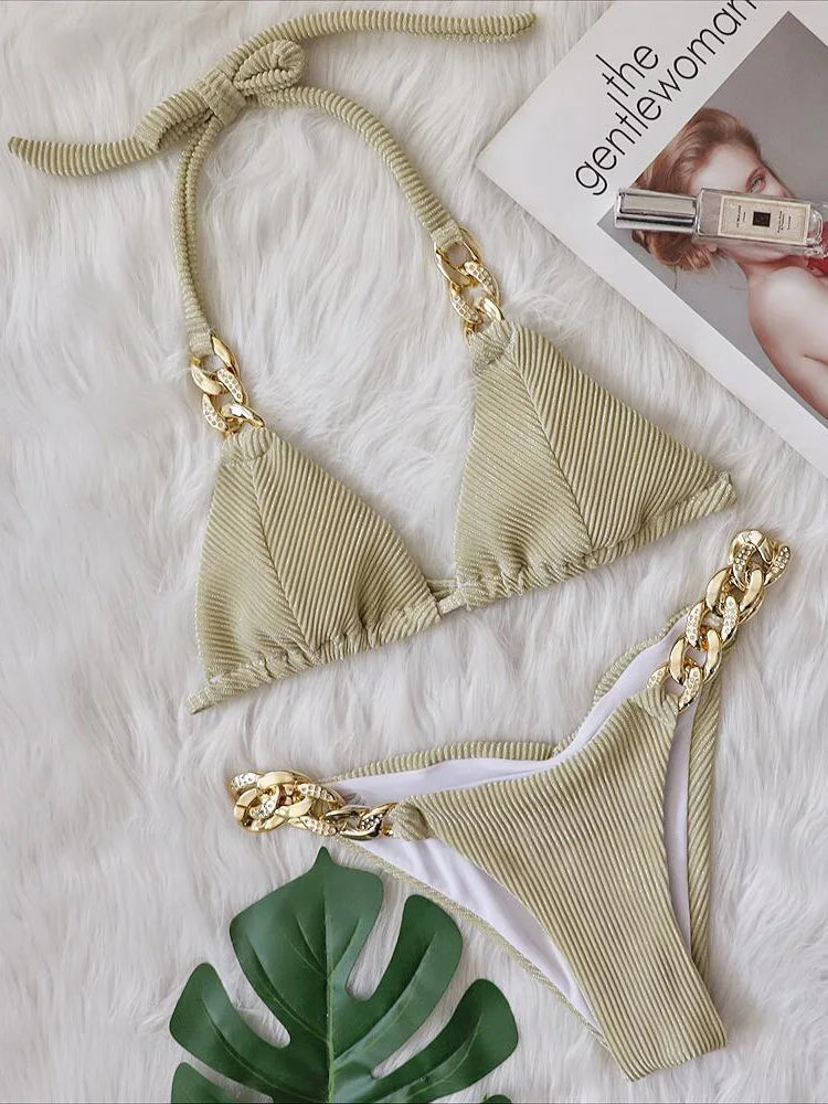 Halter Ribbed Metal Chains Diamond Bikini Women Swimsuit Female Swimwear Two-pieces Bikini Set Bather Bathing Suit Swim Lady