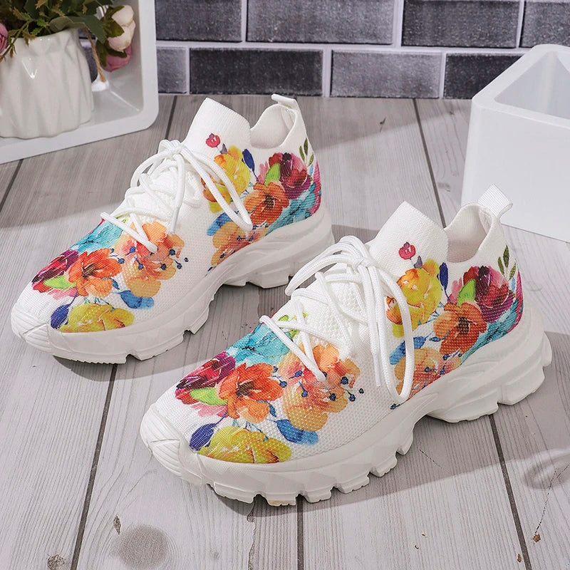 Floral Print Women's Knitted Sneakers Summer 2025 New Breathable Air Mesh Casual Shoes Woman Light Weight Walking Sports Flats