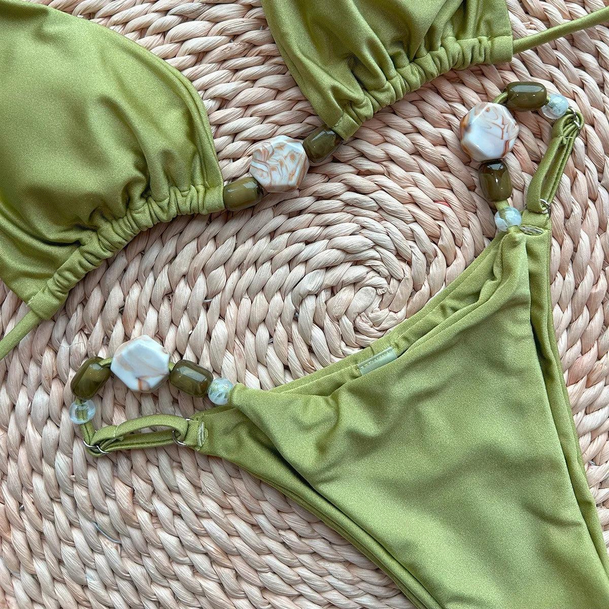 Shiny Halter High Cut Beads Bikini Women Swimwear Female Swimsuit Two-pieces Bikini Set Bather Bathing Suit Swim Lady Beach Wear