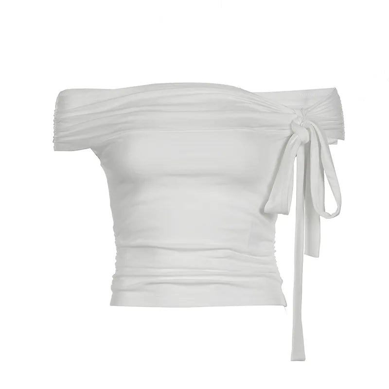 Korean Style Solid Color Women's Top Casual Slash neck Crop Top Fahionable Slim Fit White Tee Lady Summer Night Out Dress up