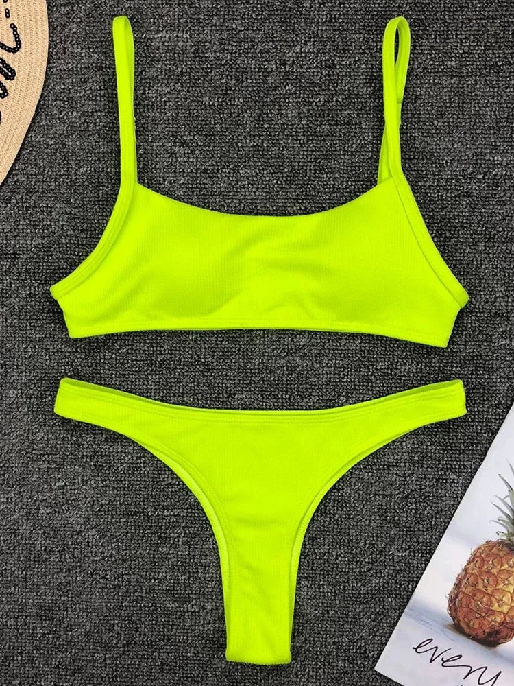 Sexy Neon Yellow Ribbed Brazilian Bikini Women Swimwear Female Swimsuit Two-pieces Bikini Set High Cut Bather Bathing Suit Swim