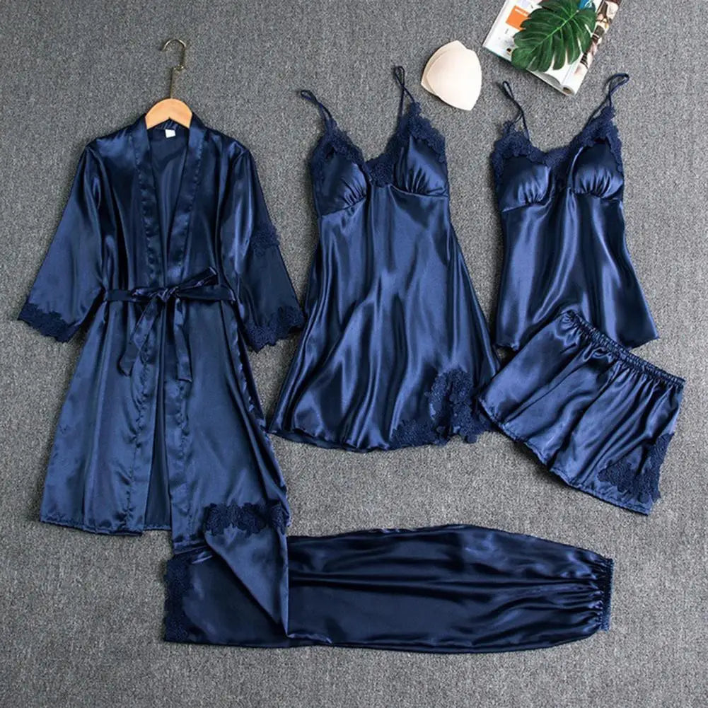 5 Pcs/Set Silky Satin Women Pajamas Set Nightgown Nightdress Top Shorts Pants Set Lace Patchwork Loose Thin Women Sleepwear