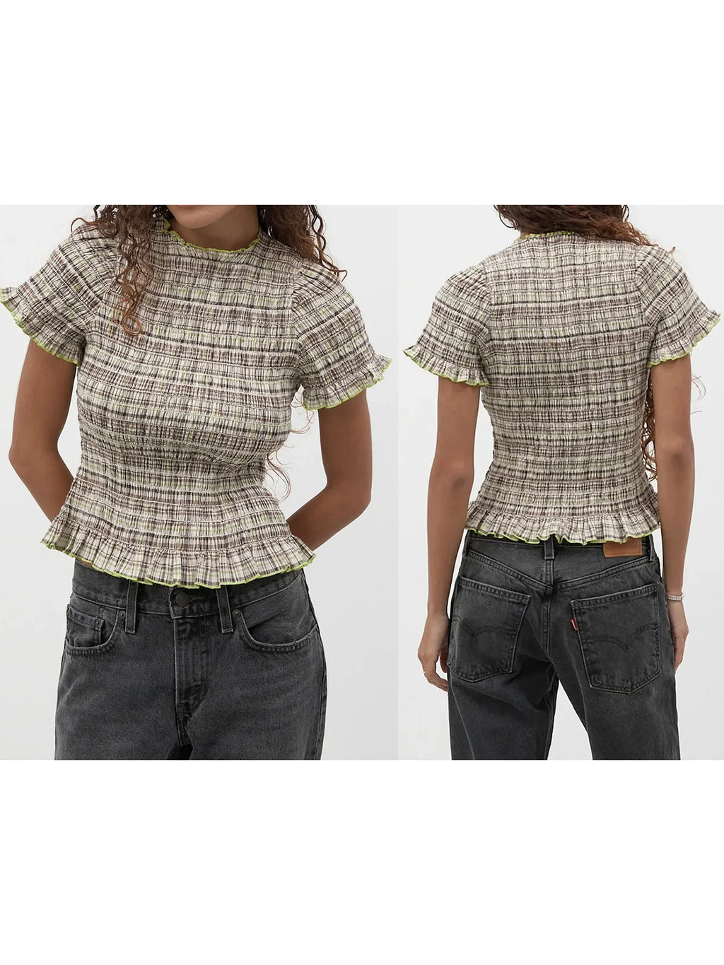 Women Casual Summer Plaid Print Shirred Tops Slim Mock Neck Short Sleeve Crop Ruffle T-shirts Streetwear
