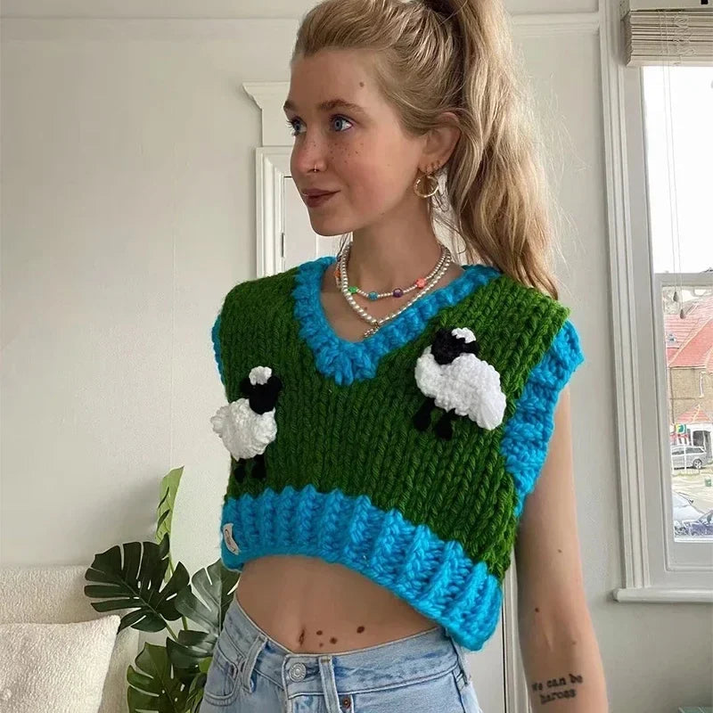 Foridol Sheep Knitted Sweater Vest Vintage Animal Sleeveless Blue Cropped Sweater Vest Waistcost 2025 Autumn Winter Tops